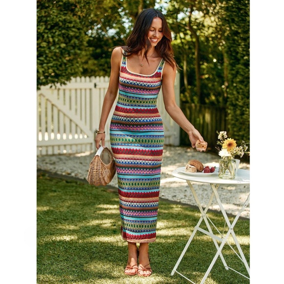 Knit Striped Tank Dress Side Leg Slit Long Ribbed Multicolor Long Slim - Picture 11 of 14